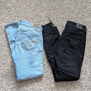 (2) Women's American Eagle Jean Jeggings Size 6 Blue Black Denim Distressed